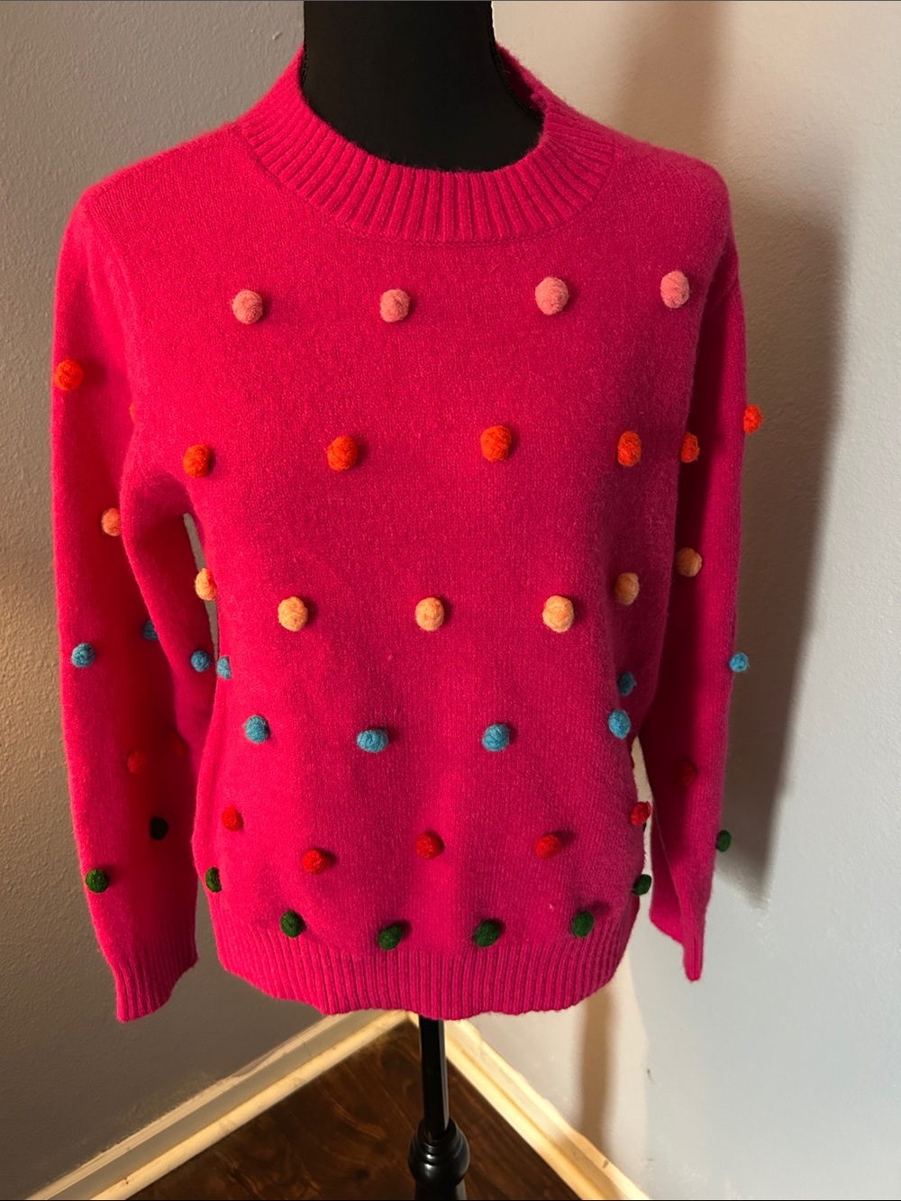 Jodifl Women Hot Pink Pom-Pom Crewneck Sweater Size Small